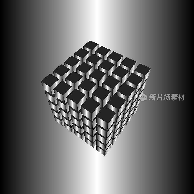 俯视图5x5x5 = 125不同的面固体立方体，有间隙和透视。金属反射。